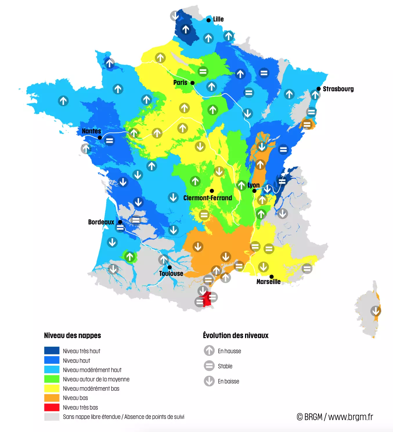 Niveau des nappes et tendances évolutives au 1er février 2024 (Source : BRGM)