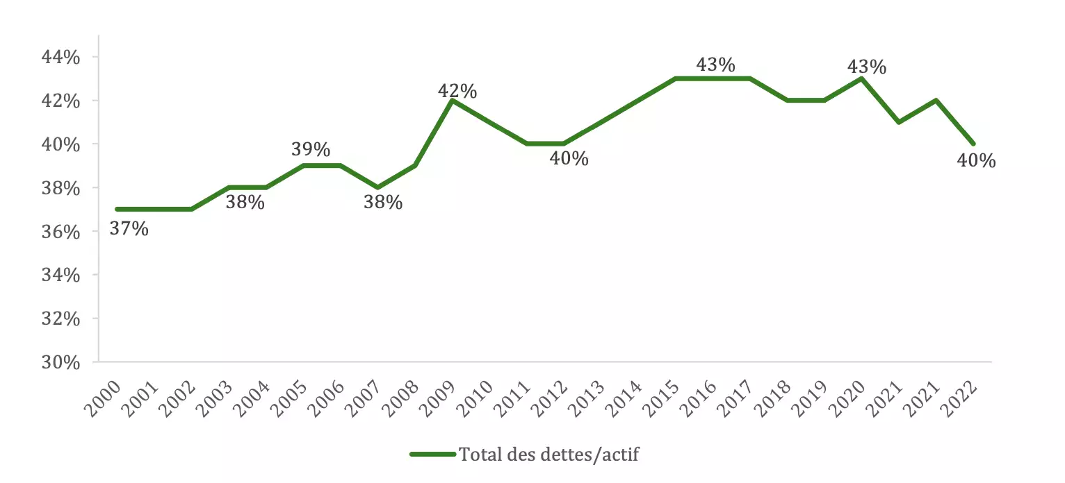 Ratio d’endettement (dettes/actif) des exploitations agricoles entre 2000 et 2022 (Source : CGAAER – IGF)