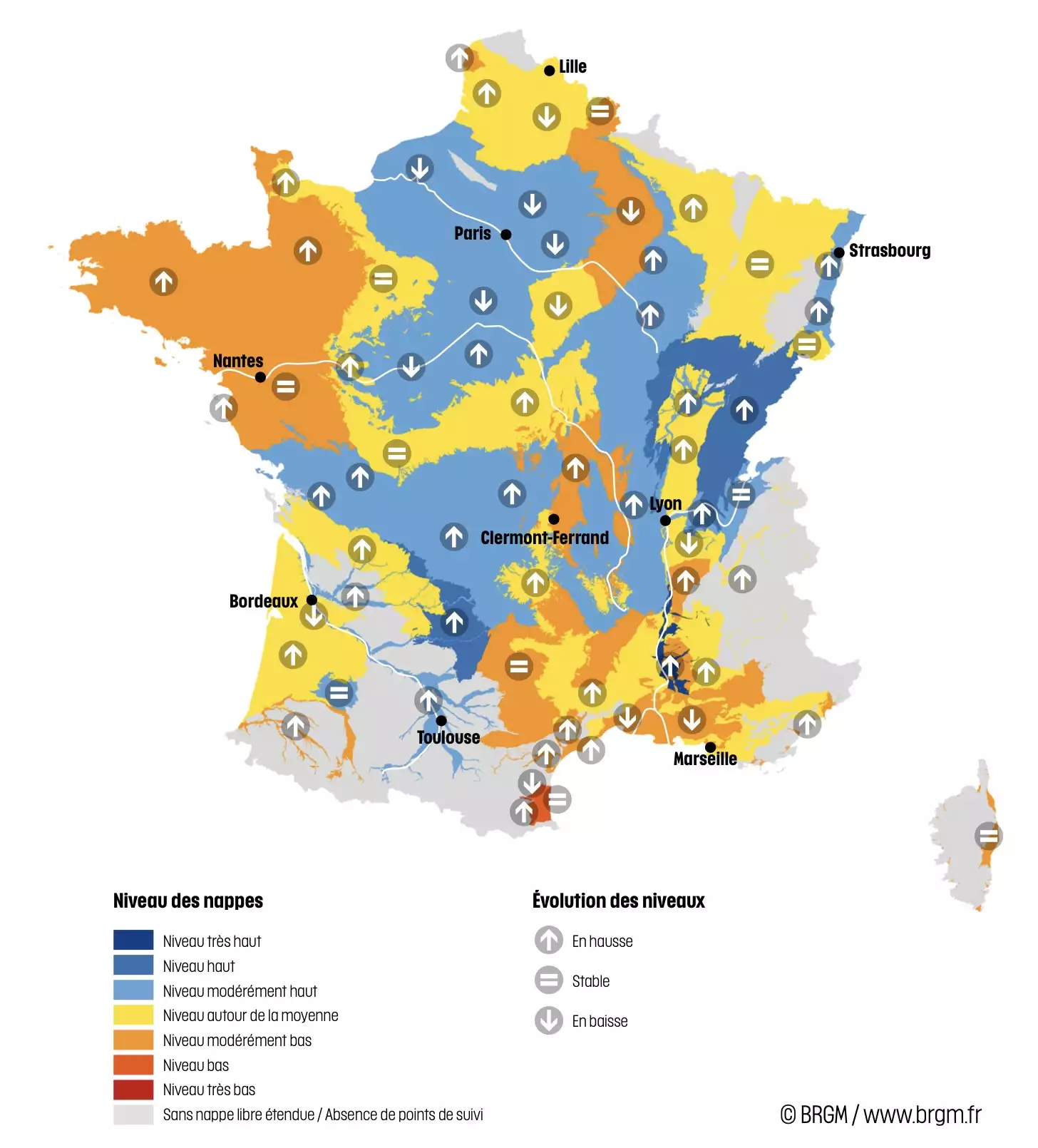 Niveau des nappes et tendances évolutives en date du 1er décembre 2025 (Source : BRGM)