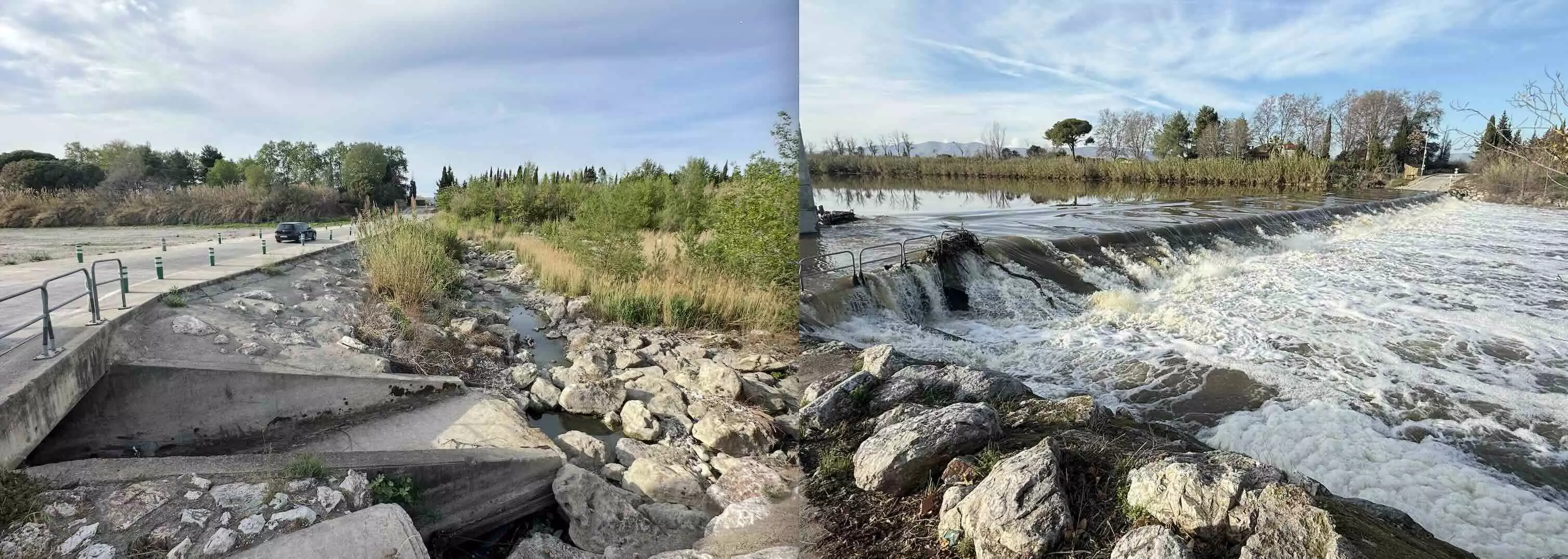 A Rivesaltes (Pyrénées-Orientales), l’Agly au printemps 2023 et en décembre 2025, au niveau d’un passage à gué
