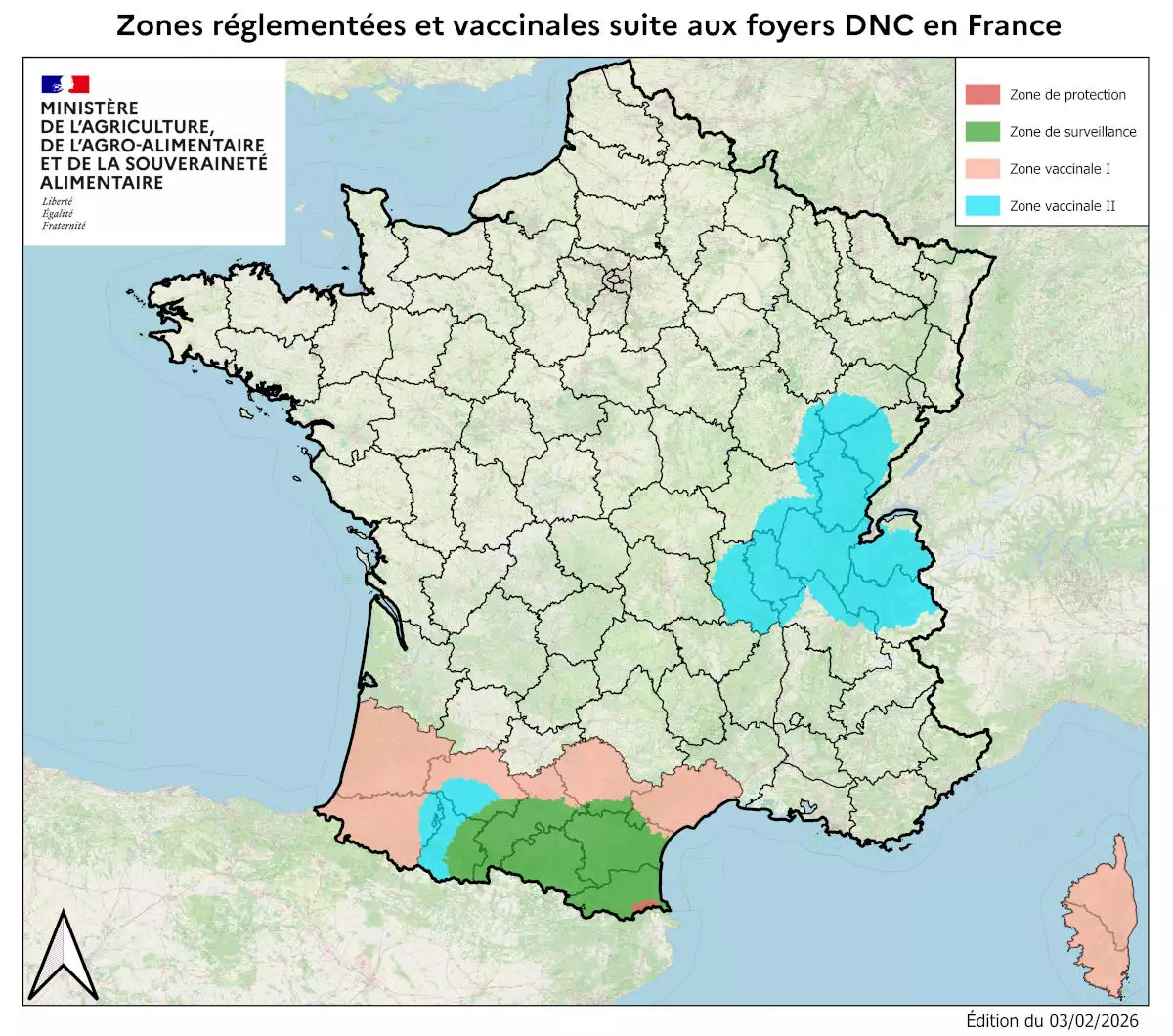 Zones réglementées et vaccinales en date du 3 février 2026 (Source : ministère de l’Agriculture)