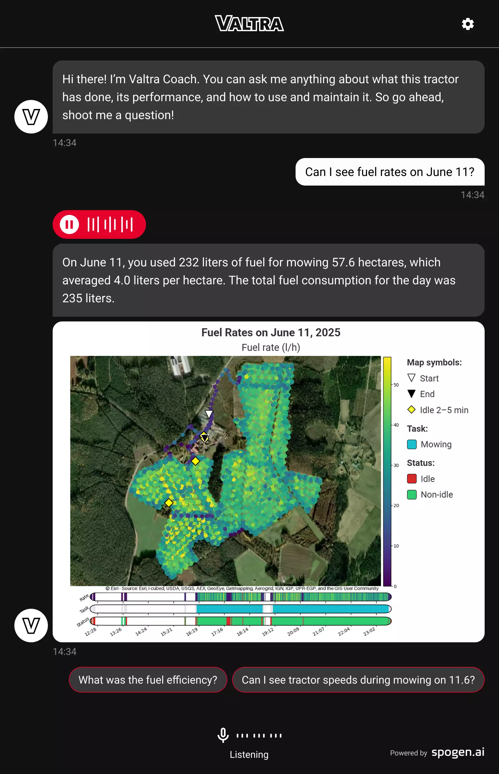 Exemple de conversation et de visualisation offertes par le Valtra Coach
