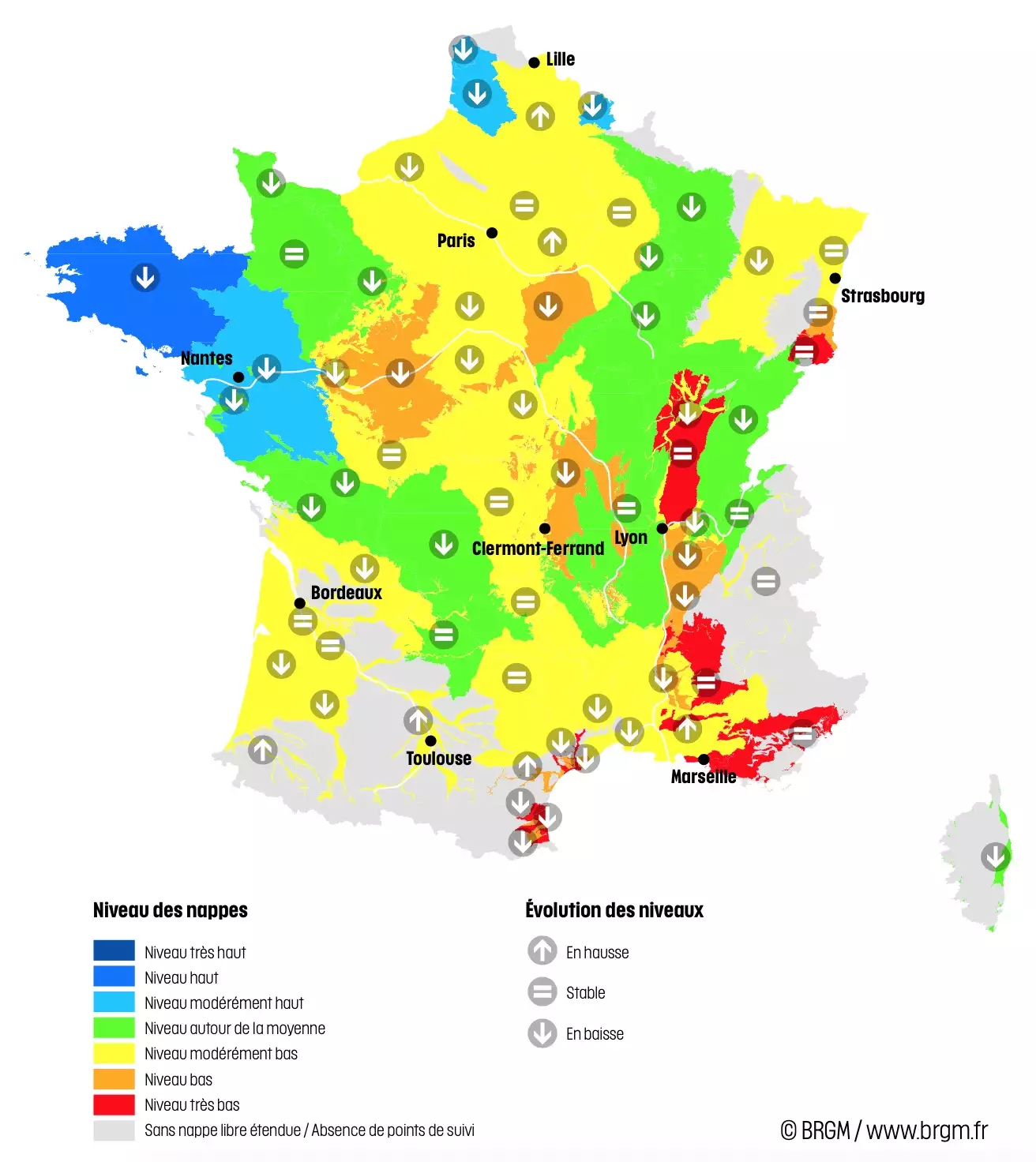 Niveau des nappes et tendances évolutives au 1er juin 2023 (Source : BRGM)
