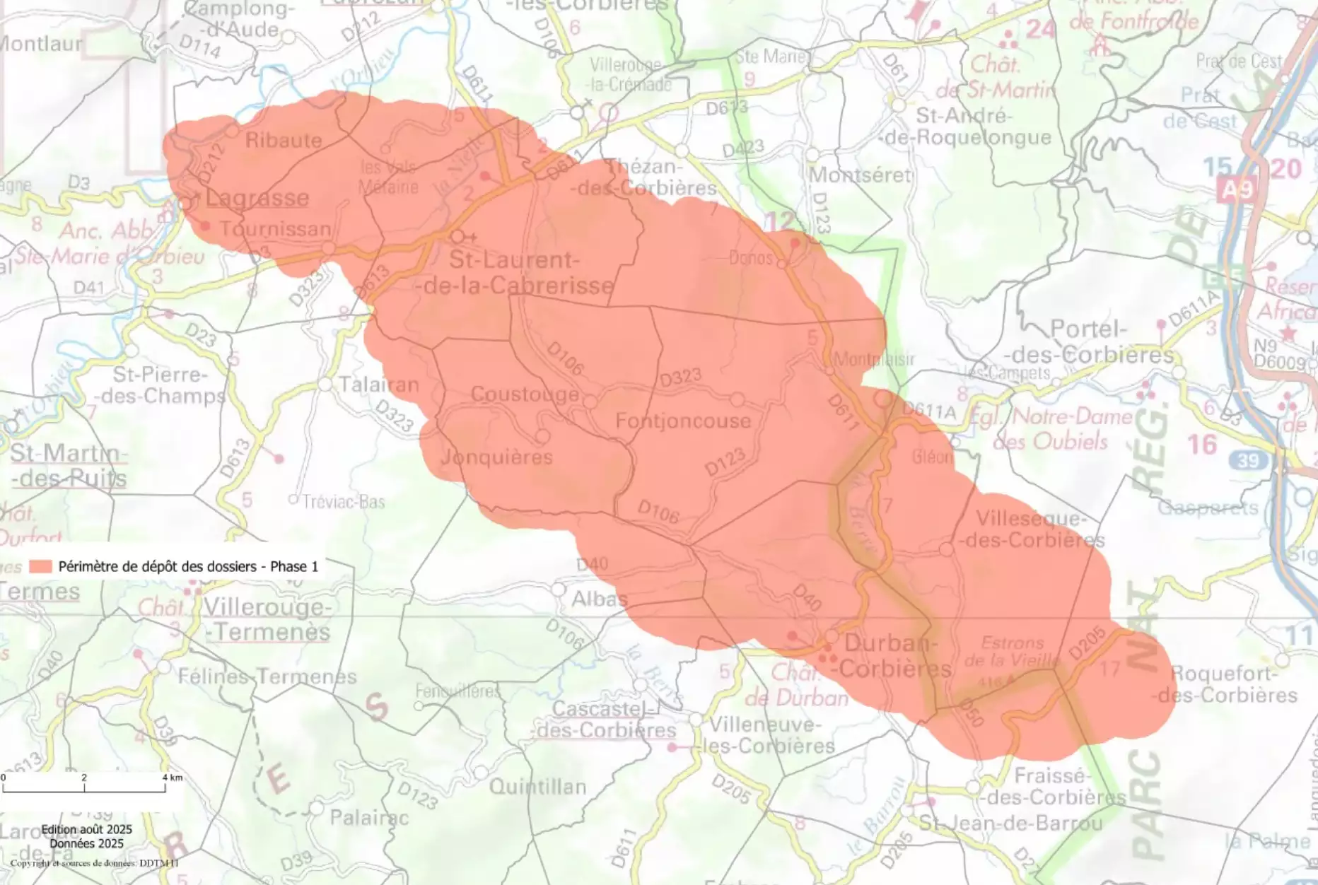 Périmètre éligible au guichet d’aide d’urgence et au fonds d’indemnisation des pertes de récoltes, de fonds, de bâtiments et de matériels (Source : DDTM de l’Aude)