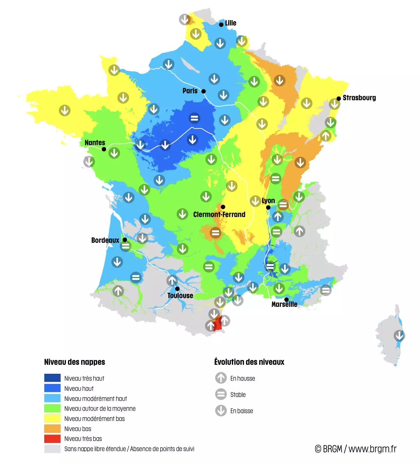 Niveau des nappes et tendances &eacute;volutives en date du 1er juin 2025 (Source : BRGM)