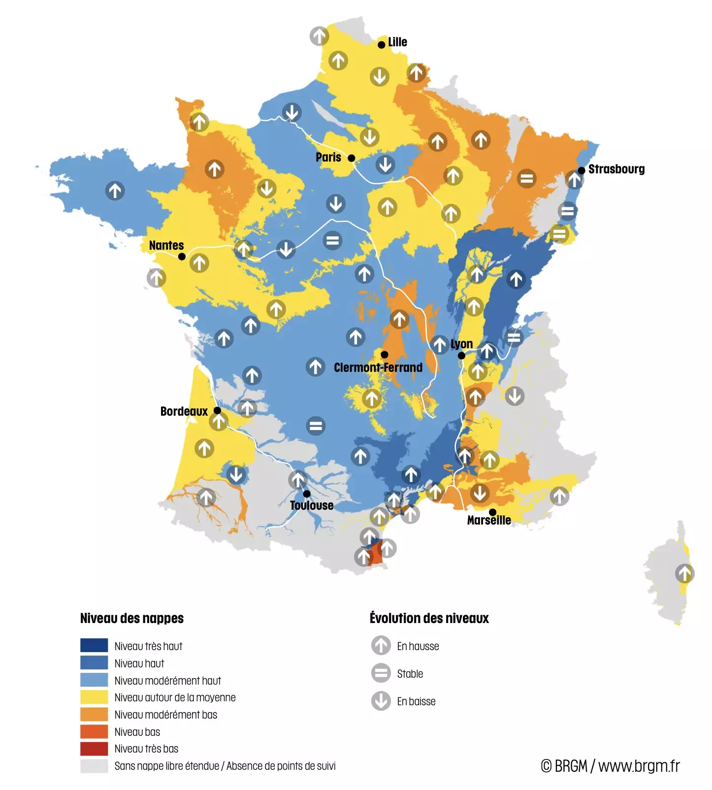Niveau des nappes et tendances évolutives en date du 1er janvier 2026 (Source : BRGM)