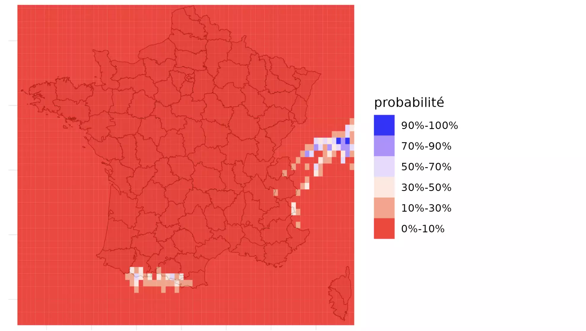 Probabilité d’avoir une pluviométrie >30 mm d’ici au 12 août (Source : AléaPluie)