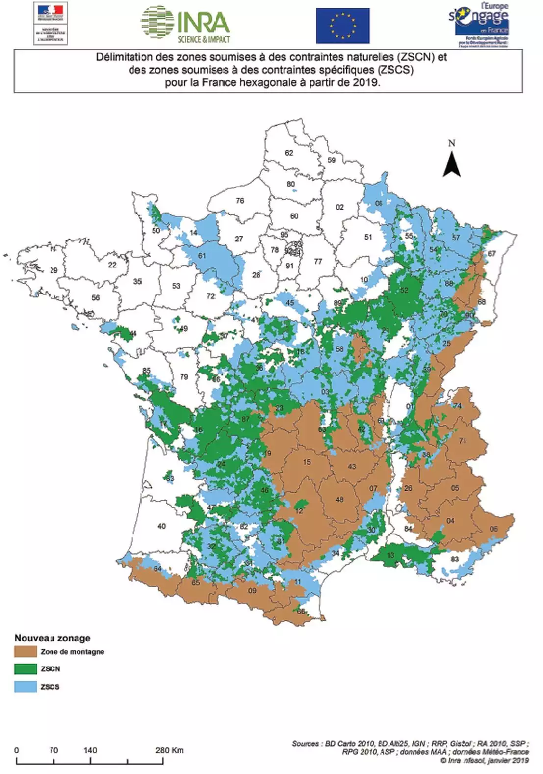Zonage ICHN, ZSCN (zones soumises à des contraintes naturelles importantes et ZSCS (zones soumises à des contraintes spécifiques) (Source : ministère de l’Agriculture)