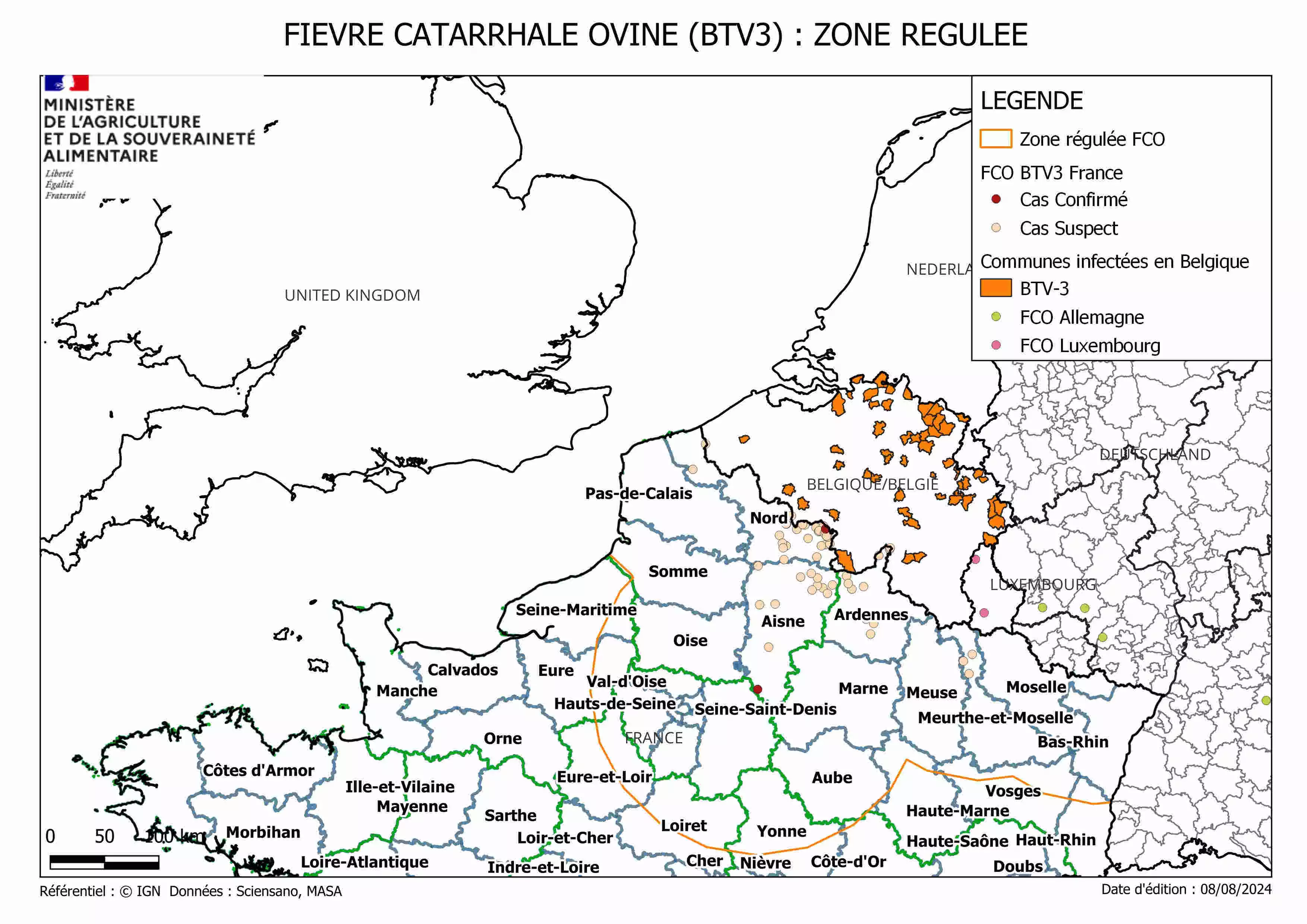 Délimitation de la zone régulée inhérente à la FCO-3 (Source : ministère de l’Agriculture)
