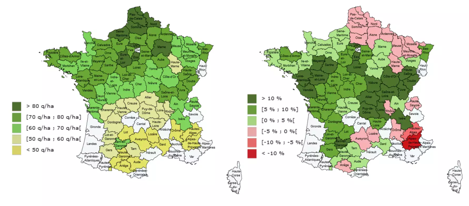 Rendements des orges d’hiver en 2023 (à gauche) et évolution par rapport à la moyenne quinquennale 2018-2022 (Source : Agreste)