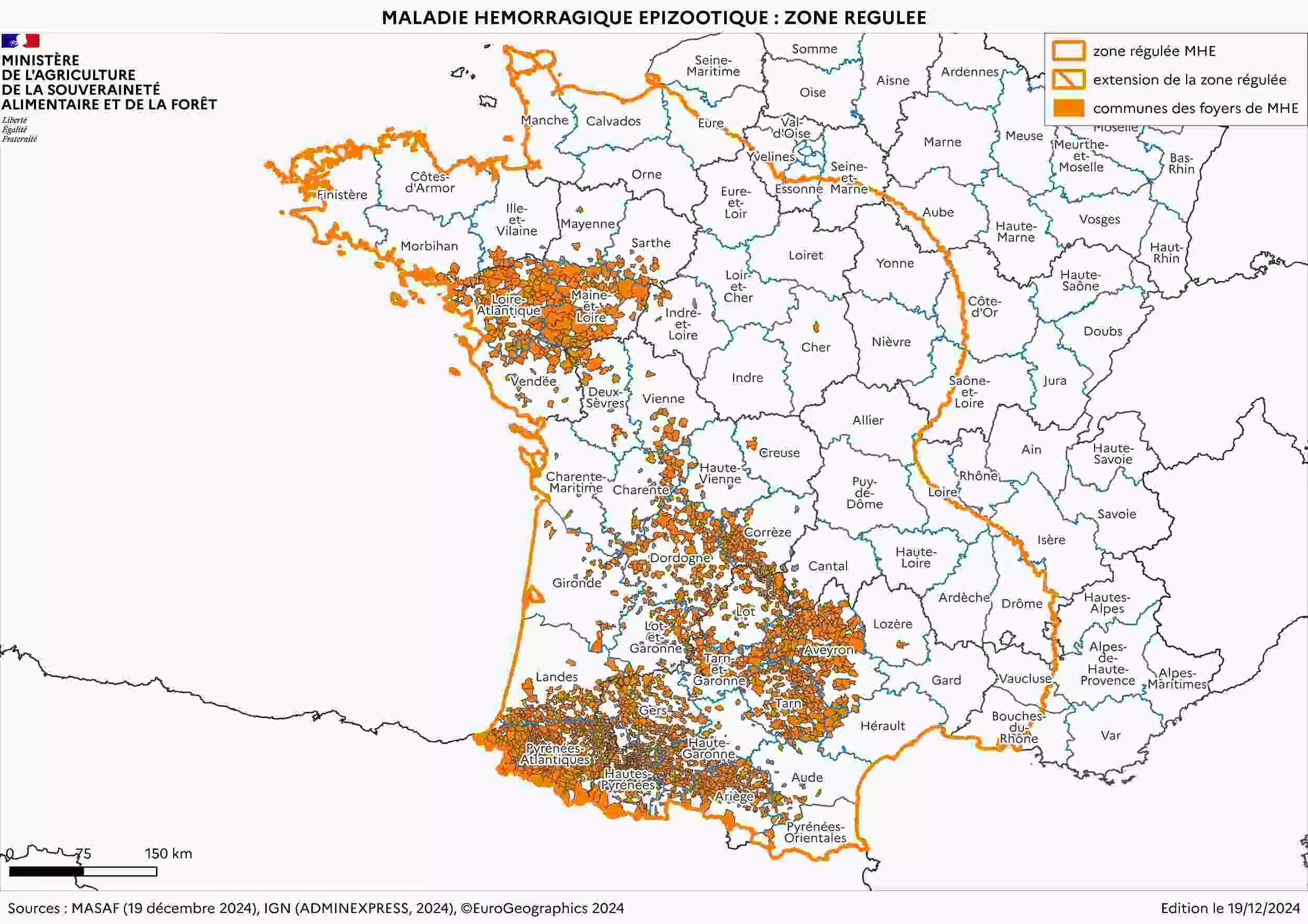 Carte de la zone réglementée au titre de la MHE à partir des foyers du sud-ouest en date du 26 décembre 2024 (Source : ministère de l’Agriculture)