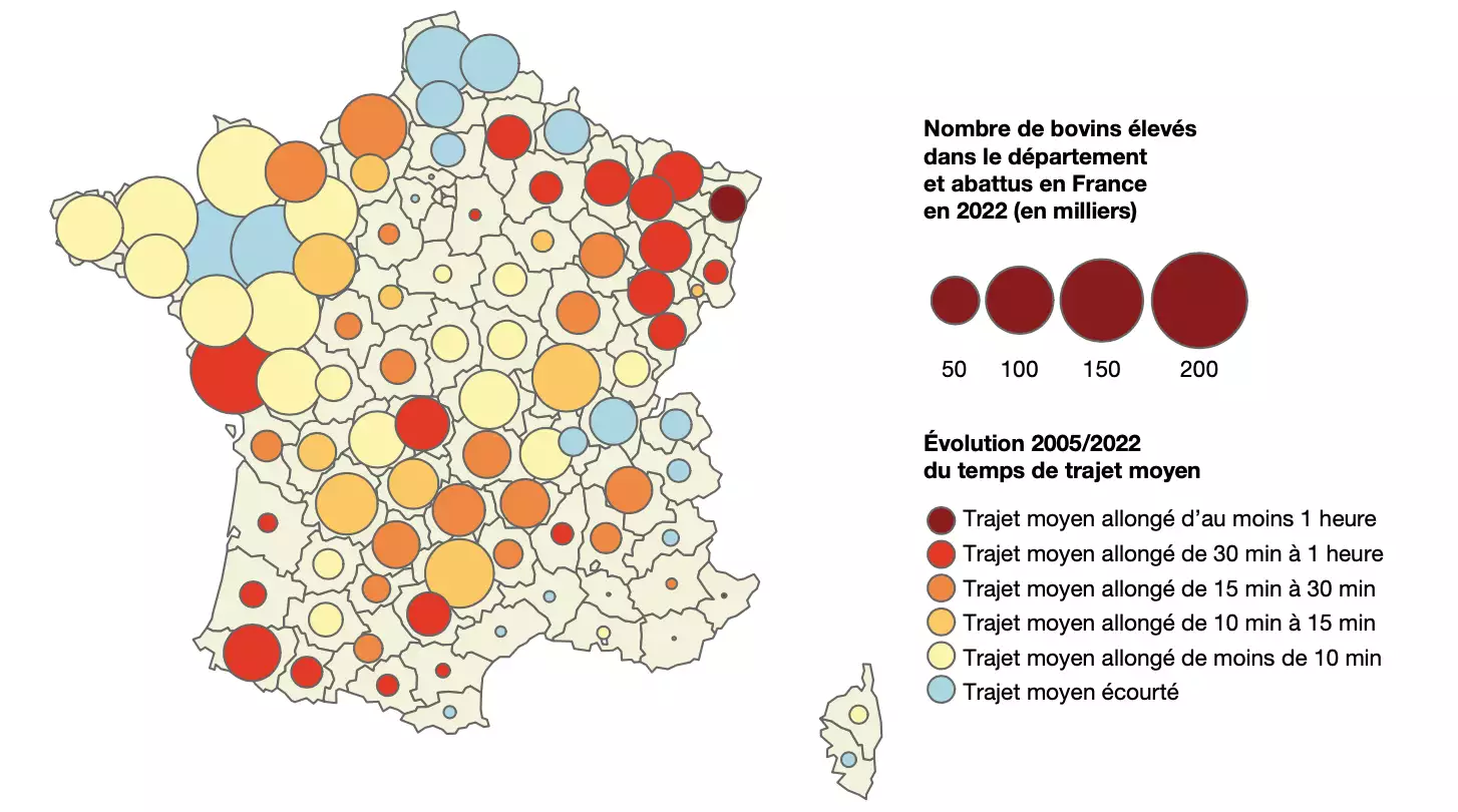 Évolution du temps de trajet moyen entre la dernière exploitation d’élevage et l’établissement d’abattage, entre 2005 et 2022 (Source : Agreste)