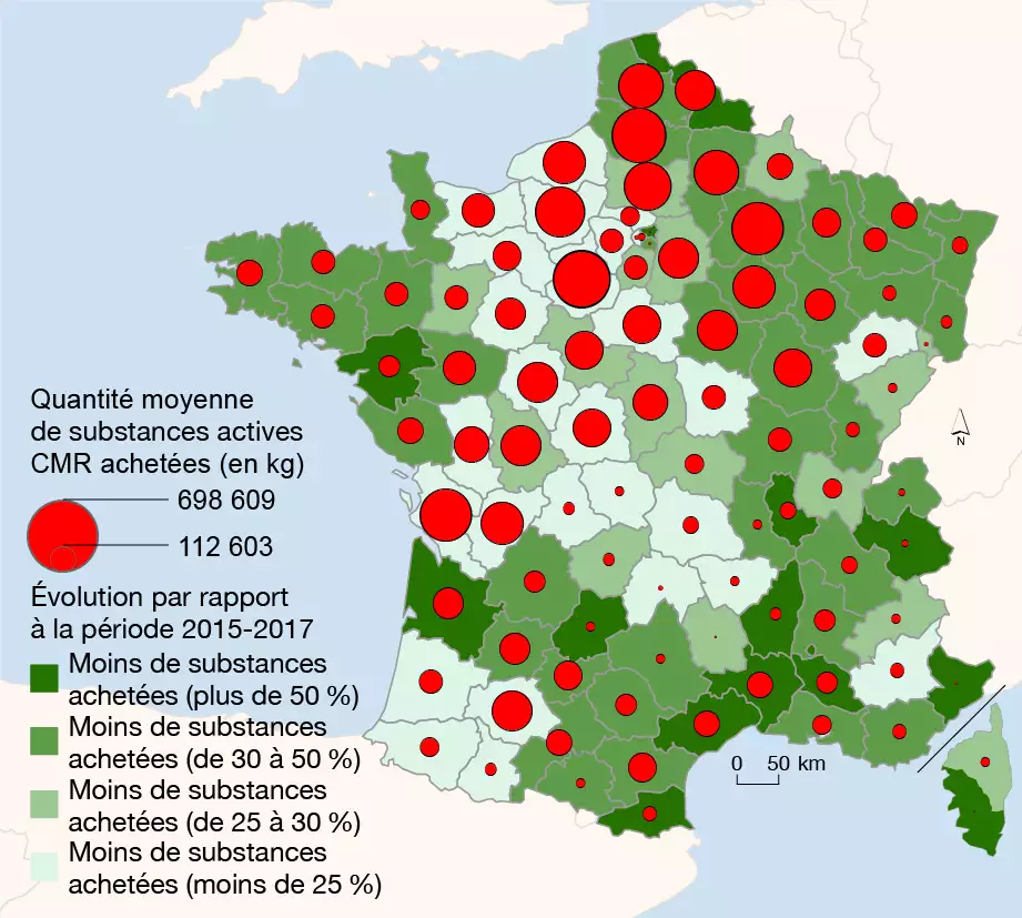Achats annuels de substances actives classées les plus toxiques par département, en moyenne sur la période 2020-2022 (Source : BNV-D avec l’OFB et le SDES)