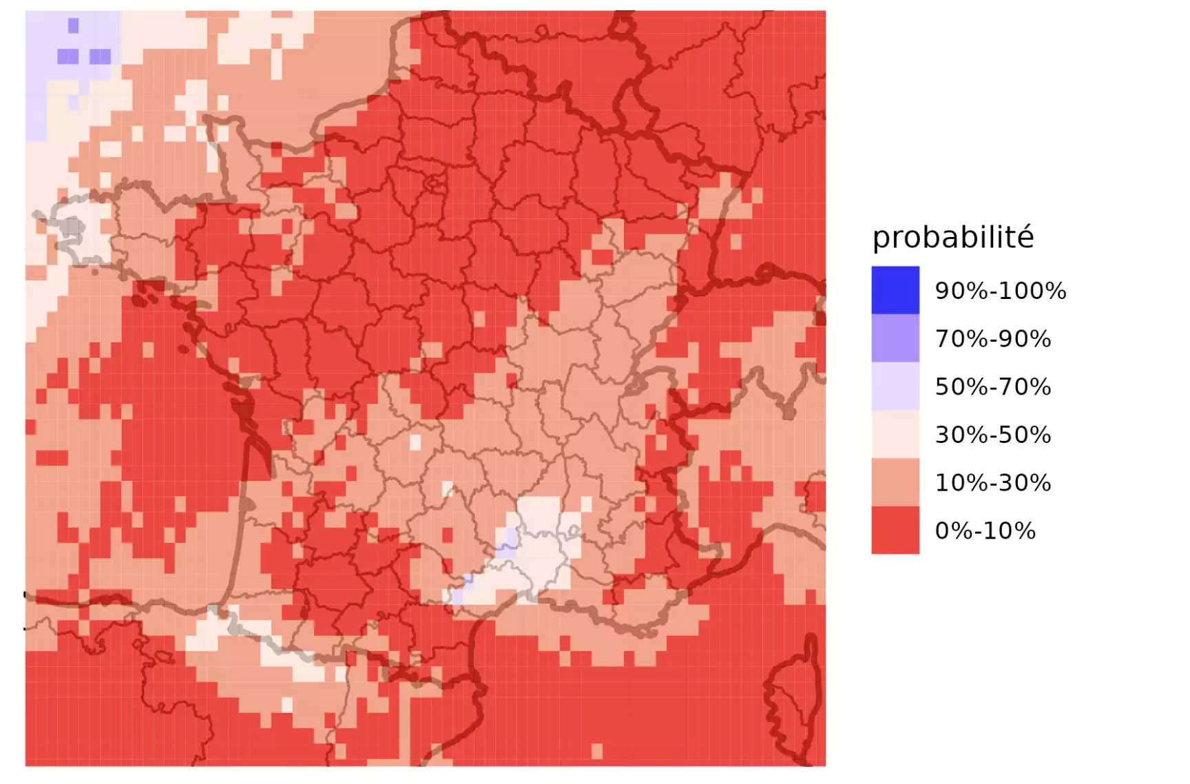 Probabilité d’une somme de précipitation supérieure à 30 mm d’ici au 3 octobre 2026 (Source : AléaPluie)