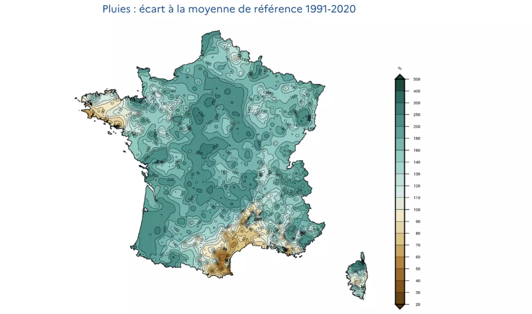 Pluies : écarts à la moyenne de référence 1991-2020 (Source : Météo-France)