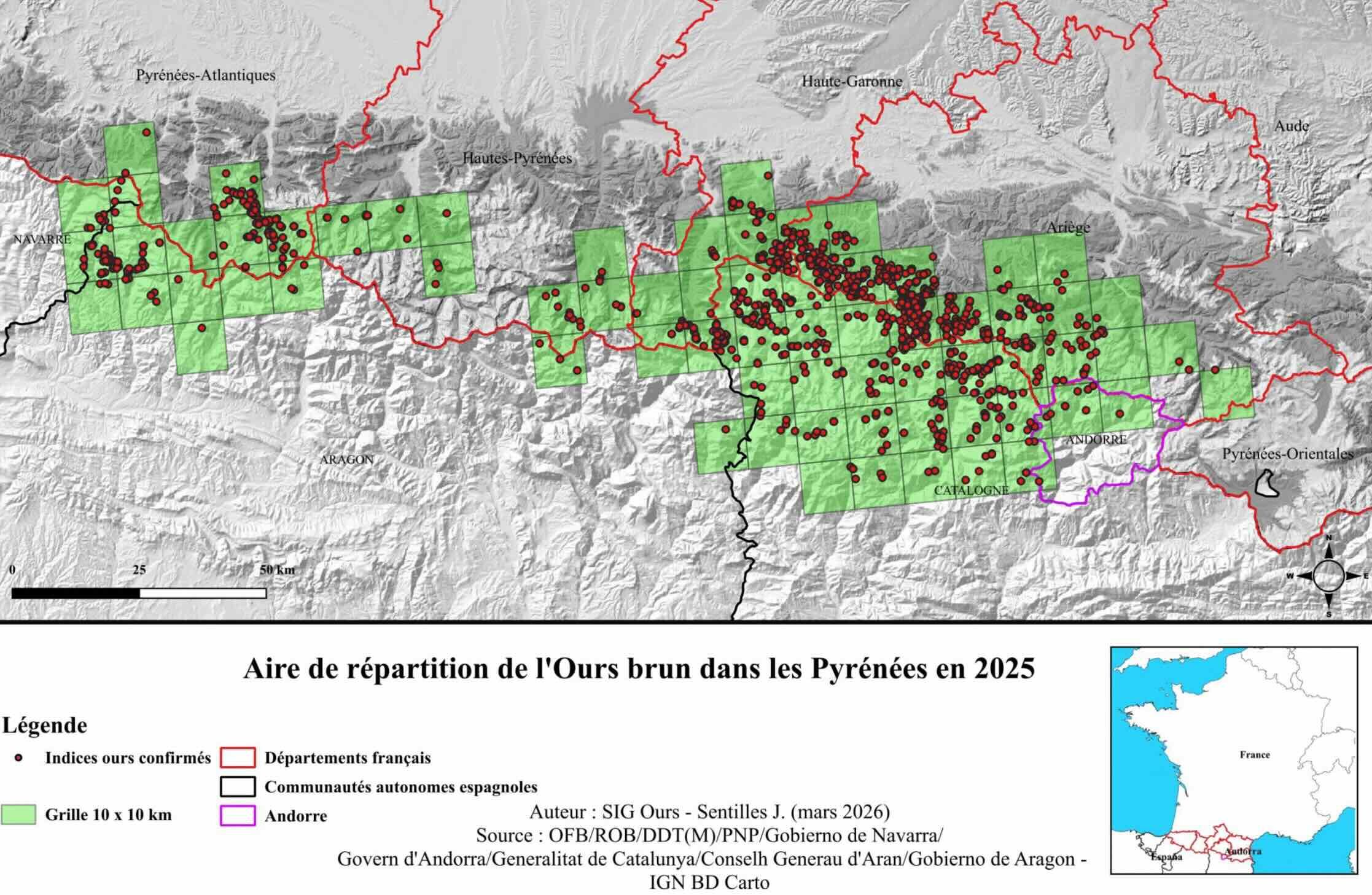 Aire de répartition de l’ours brun dans les Pyrénées en 2025 (Source : Réseau ours brun)