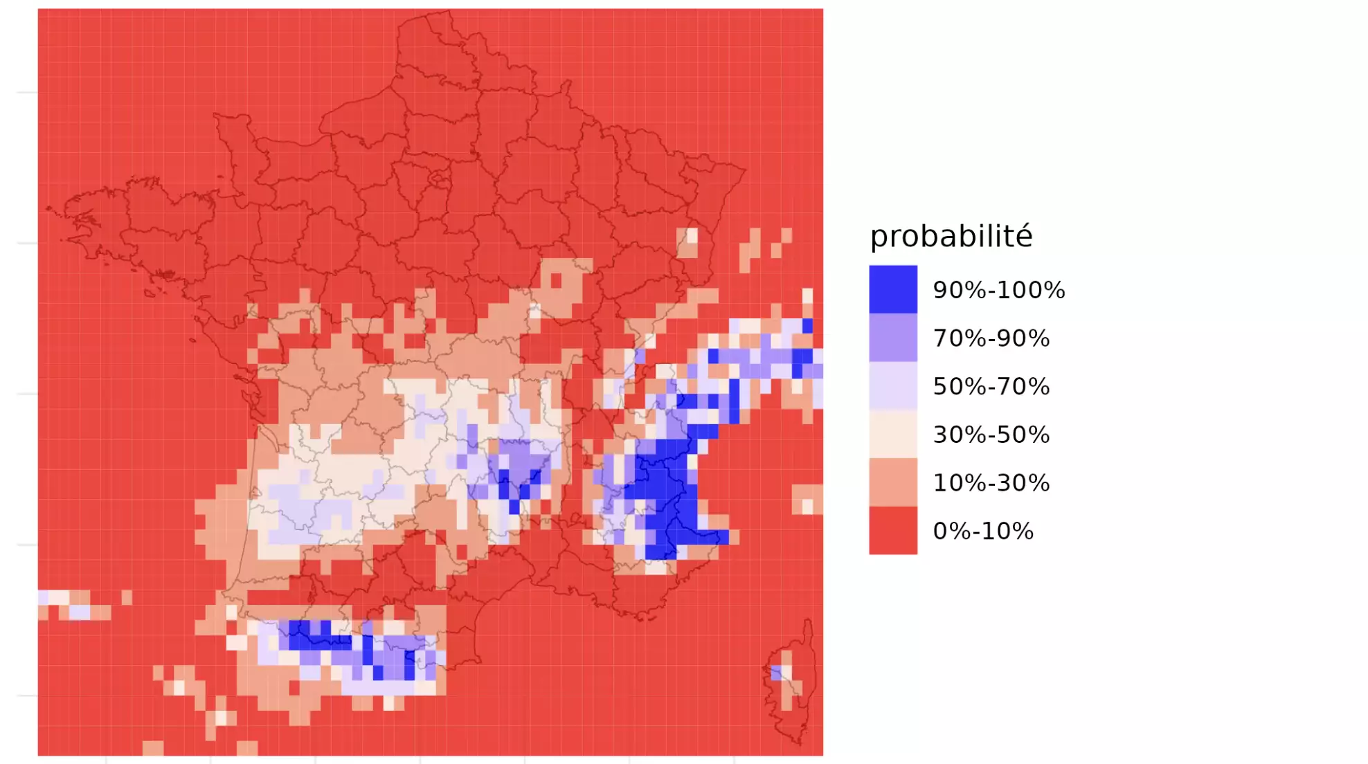 Probabilité d’avoir une pluviométrie supérieure à 10 mm d’ici au 16 août (Source : AléaPluie)