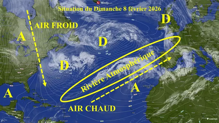 Image satellite représentant la rivière atmosphérique (Sources : Windy.com et Nicolas Le Friant pour l’illustration)