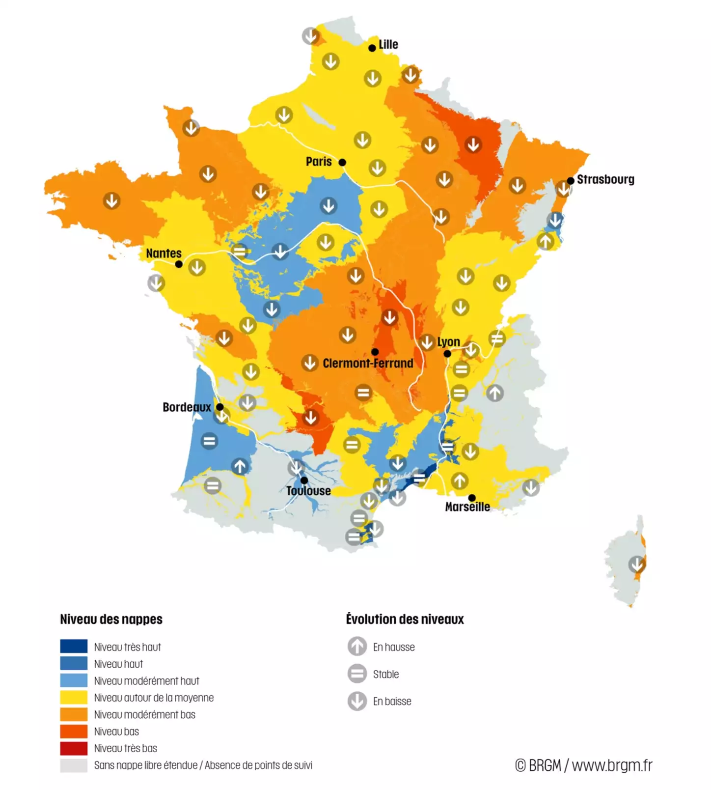 Niveau des nappes et tendances évolutives en date du 1er juin 2026 (Source : BRGM)