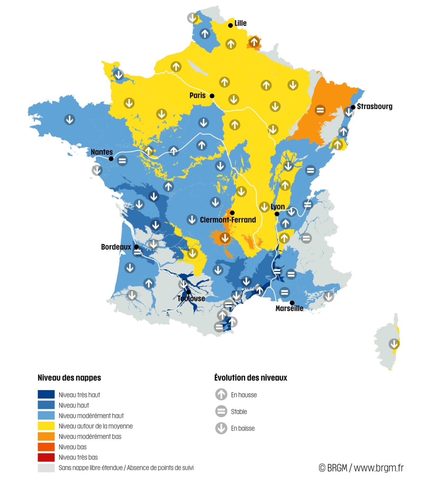 Niveau des nappes et tendances évolutives en date du 1er avril 2026 (Source : BRGM)