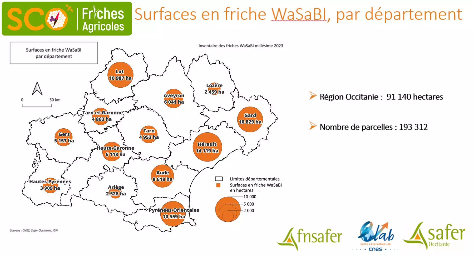 Surfaces en friche par département dans la Région Occitanie (Source : FNSAfer, CNES, Safer Occitanie)