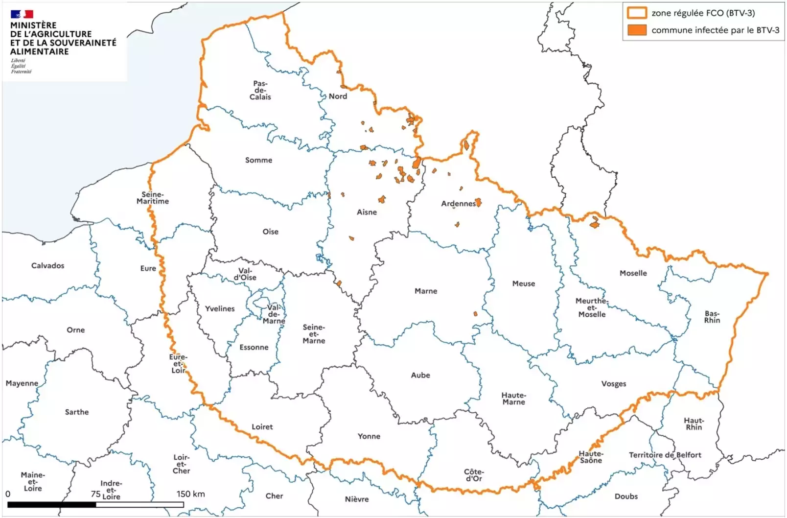 La zone régulée de FCO-3 en date du 14 août (Source : ministère de l’Agriculture)