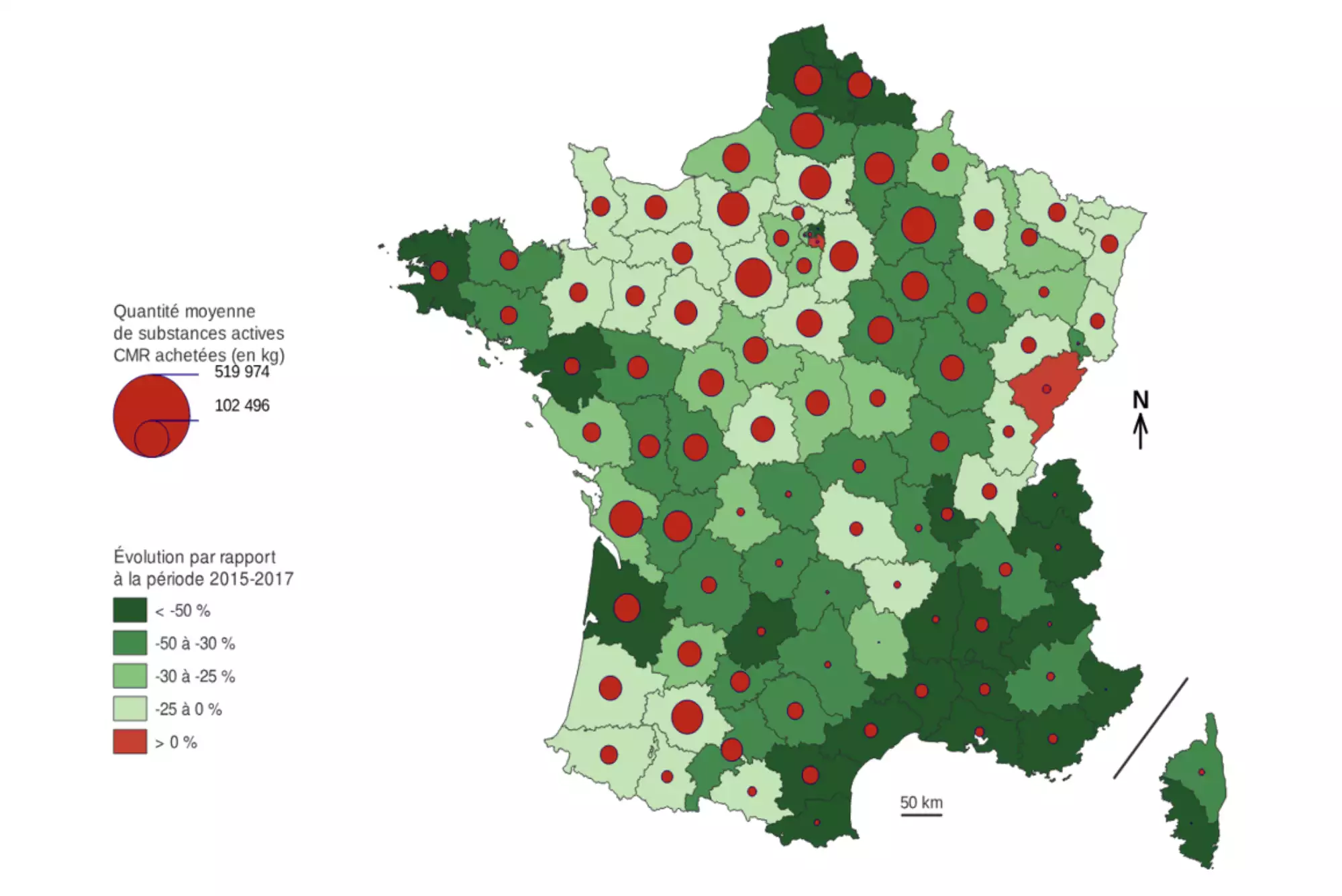 Achats de substances actives classées CMR en moyenne par département et évolution entre les périodes 2015-2017 et 2022-2024 (Source : ministère de la Transition écologique)