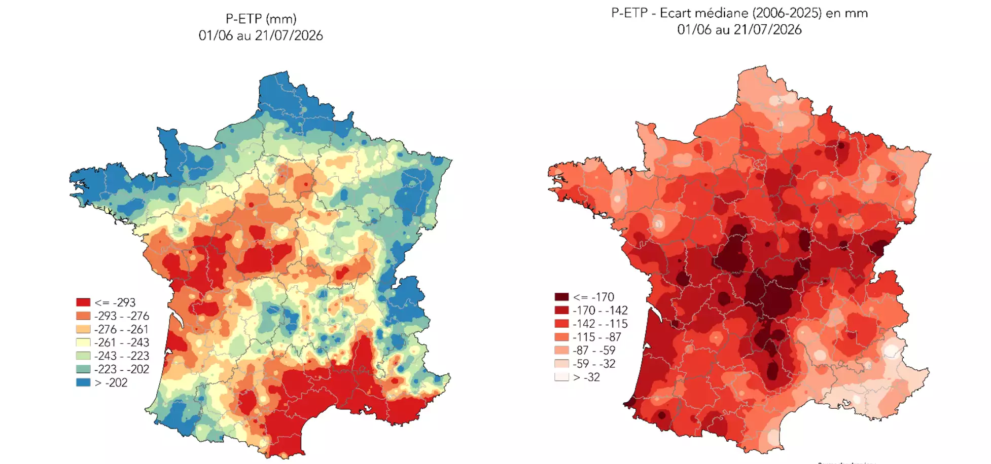 Déficit hydrique observé sur la période du 01/06/26 au 21/07/26, calculé à partir du bilan pluie moins évapotranspiration potentielle (P-ETP) (Source : Arvalis)