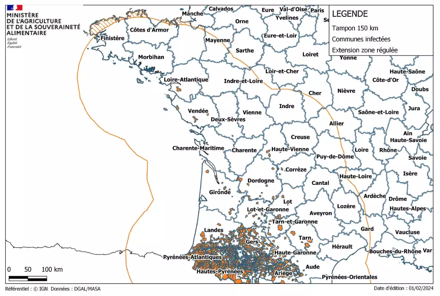 Les mesures de lutte et de prévention prévues dans un rayon de 150 km autour des foyers s’appliquent sur près de la moitié du territoire français (Source : ministère de l’Agriculture)