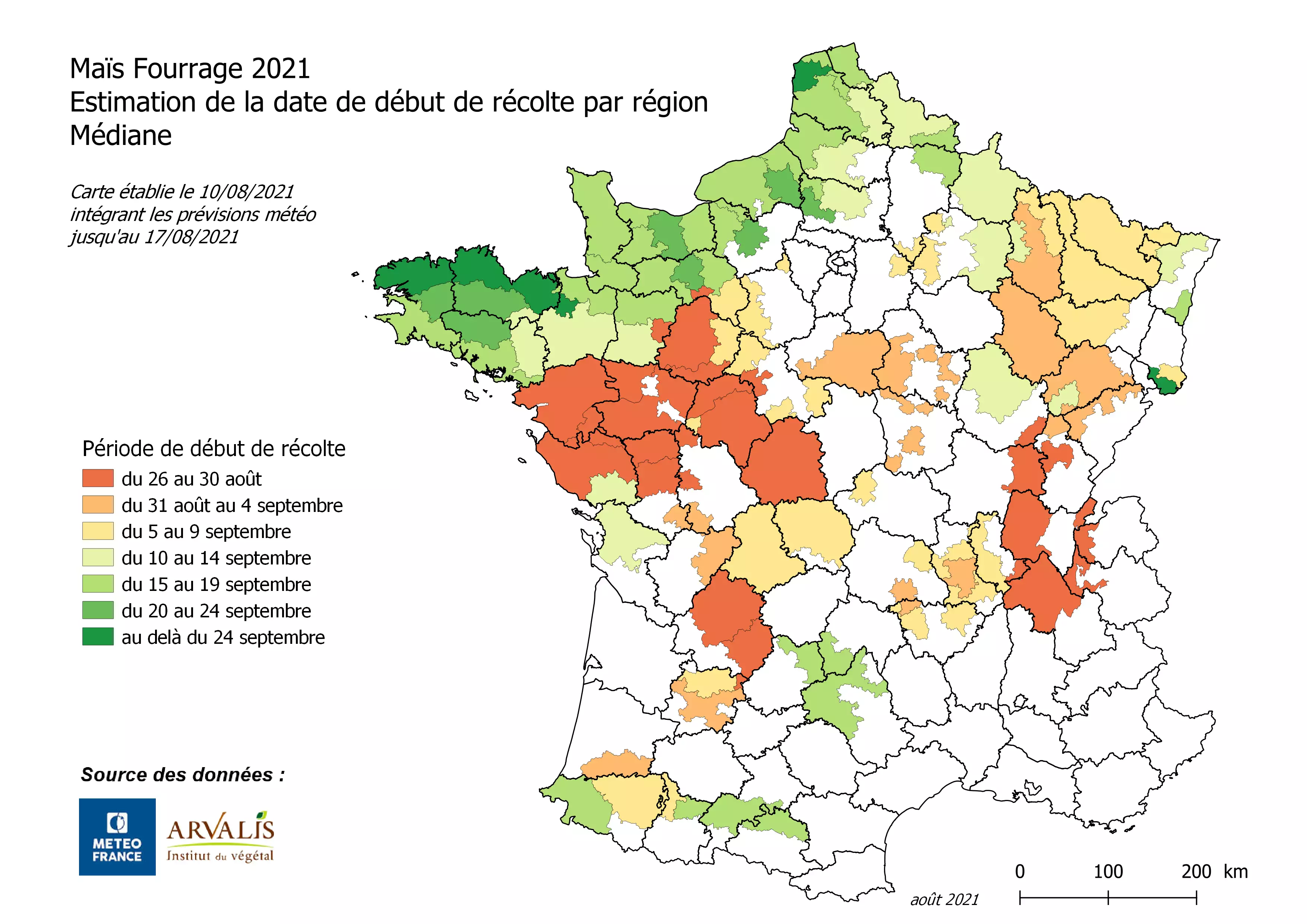 Carte des dates pr&eacute;visionnelles de d&eacute;but de r&eacute;colte des ma&iuml;s fourrage &eacute;tablie le 10 ao&ucirc;t 2021 (Source : Arvalis)