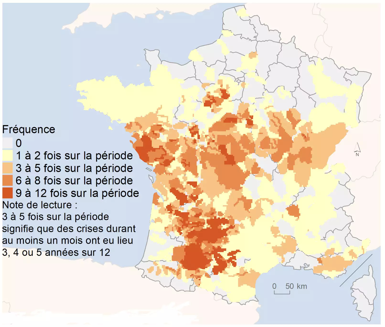Fréquence des épisodes annuels de restriction de niveau « crise » des usages de l’eau souterraine d’une durée de plus d’un mois sur la période 2012-2023 (Source : ministère de la Transition écologique)