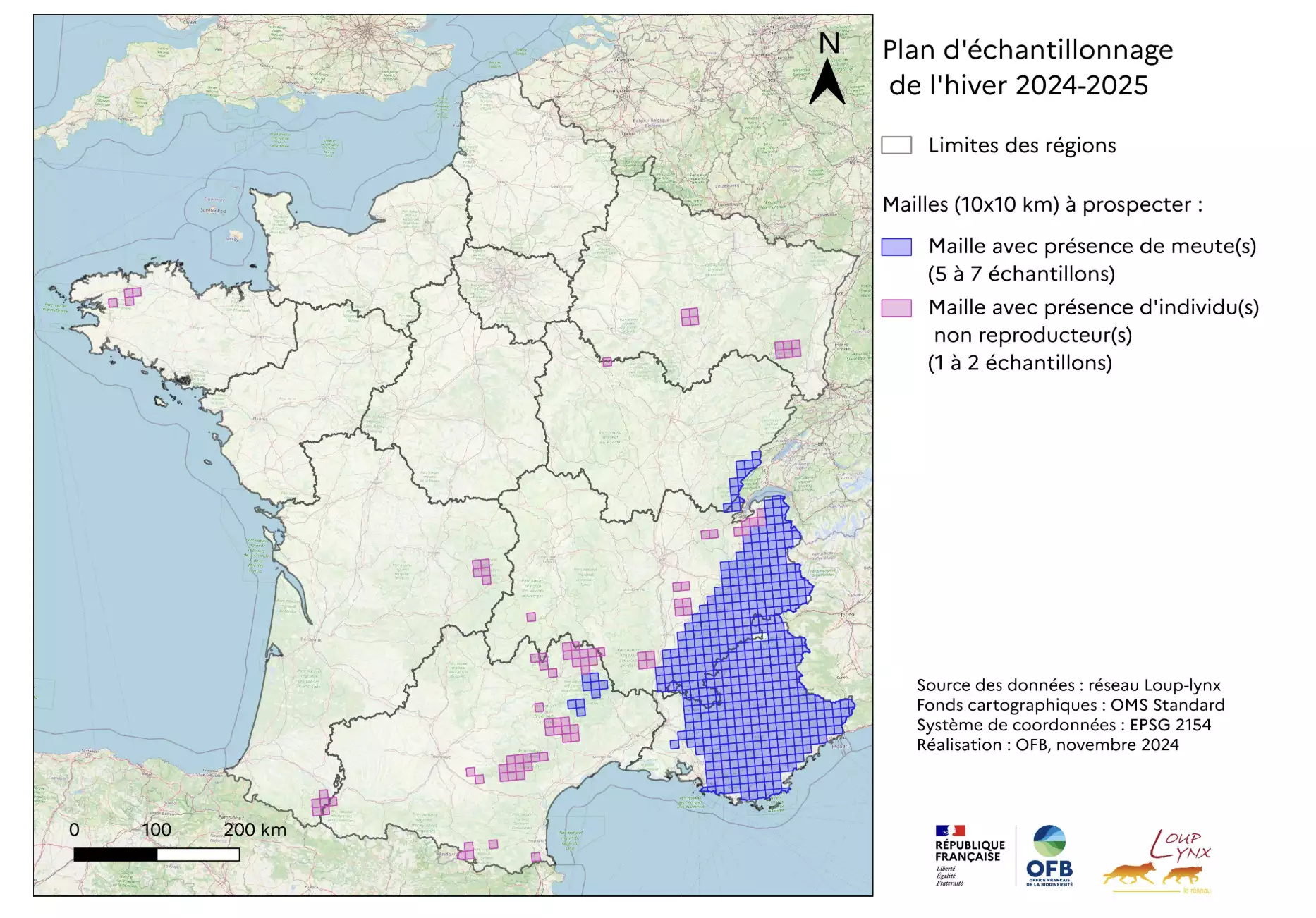 Plan d’échantillonnage inhérent au suivi du loup pour la période du 1er novembre 2024 au 31 décembre 2025 (Source : OFB)