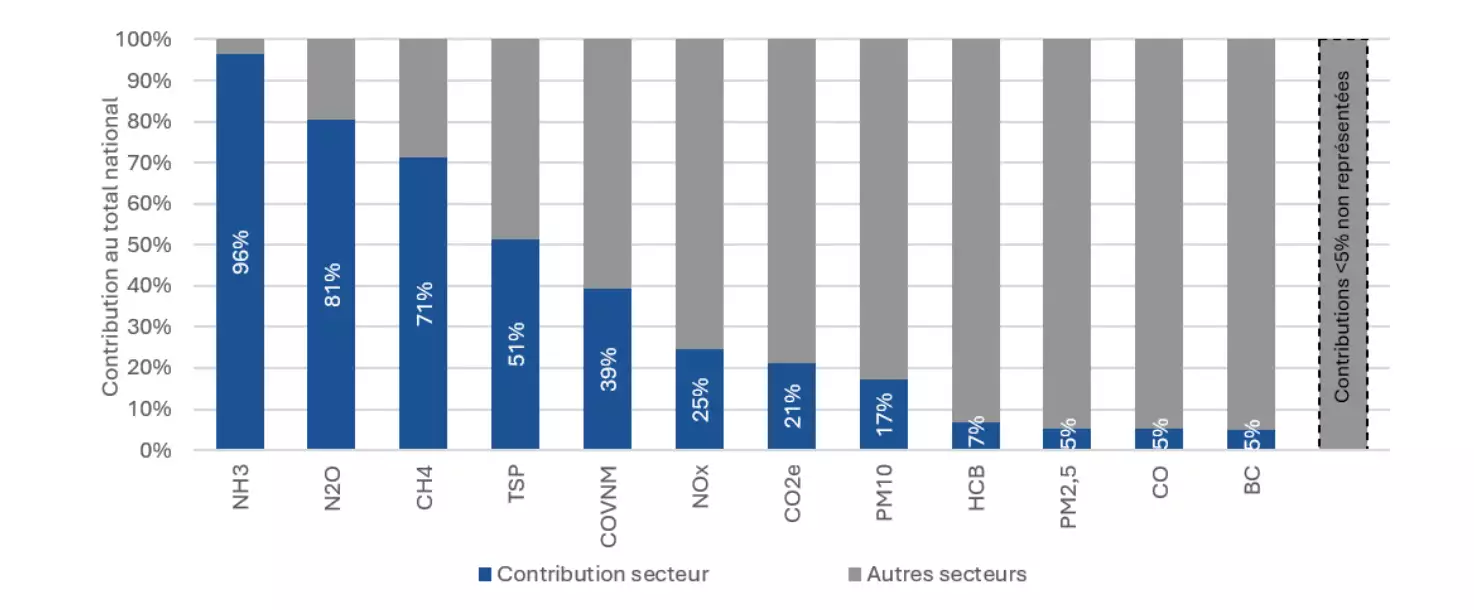 Substances pour lesquelles le secteur de l’agriculture contribue pour au moins 5% aux émissions en 2024 (Source : Citepa)