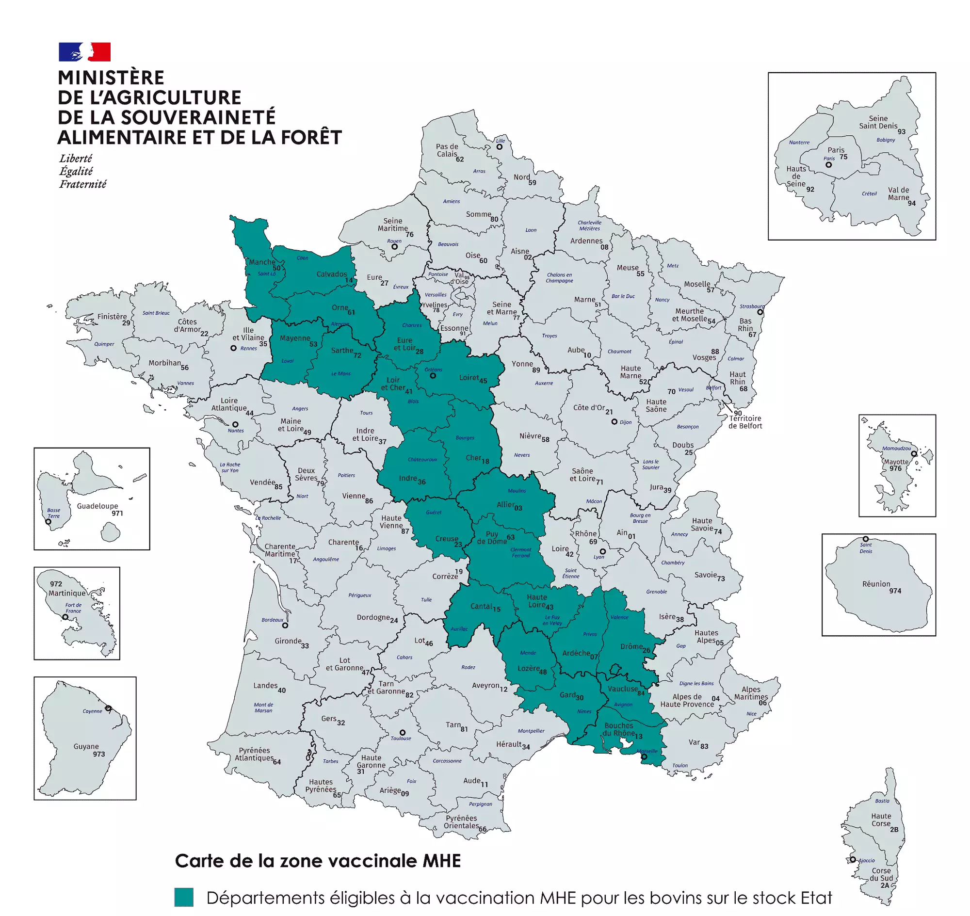Les 21 départements éligibles à la vaccination gratuite et faisant office de barrière à l’extension de la MHE (Source : ministère de l’Agriculture)