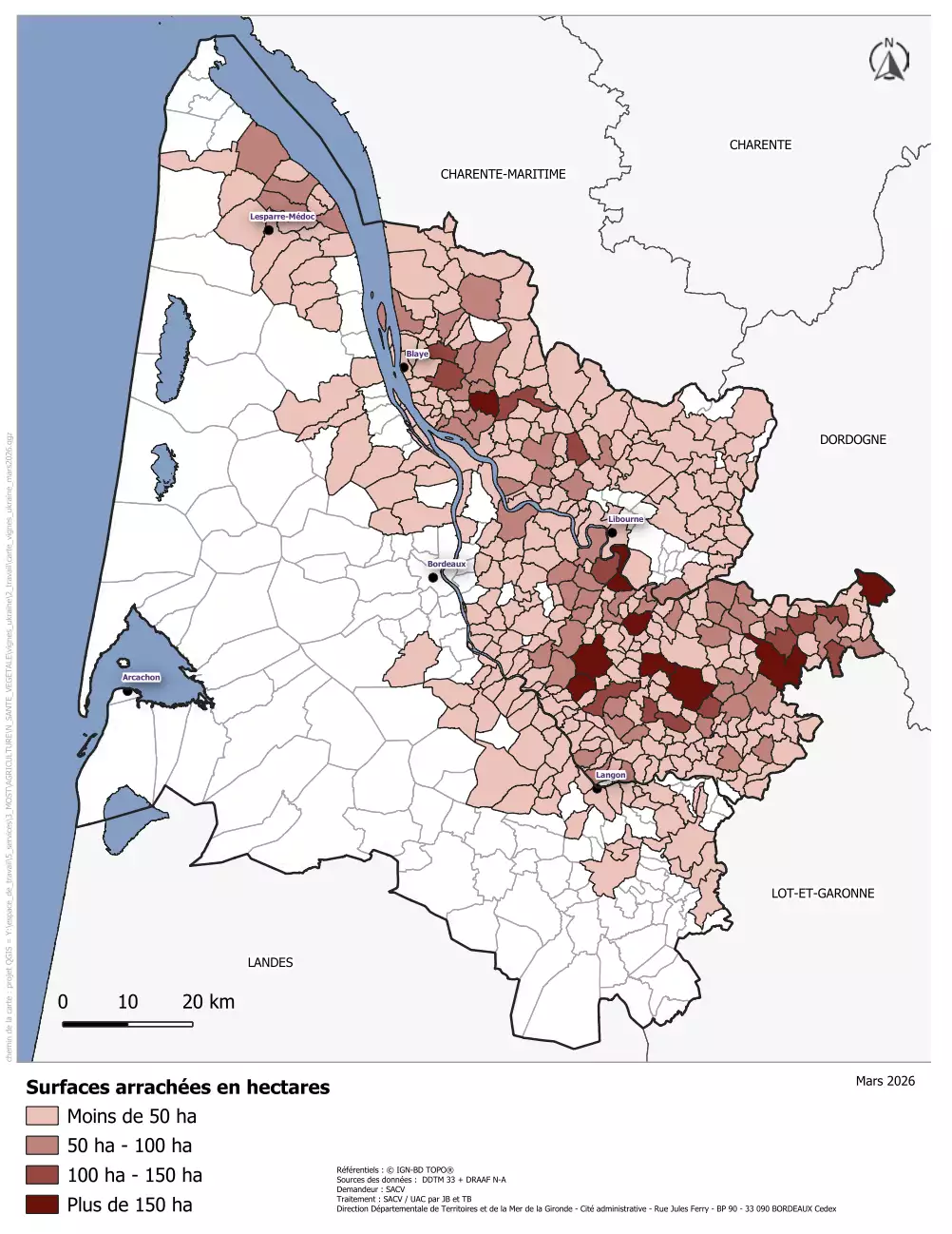 Cartographie des 12.250ha arrachés en Gironde lors des deux premiers programmes d’arrachage (Source : DDT Gironde)