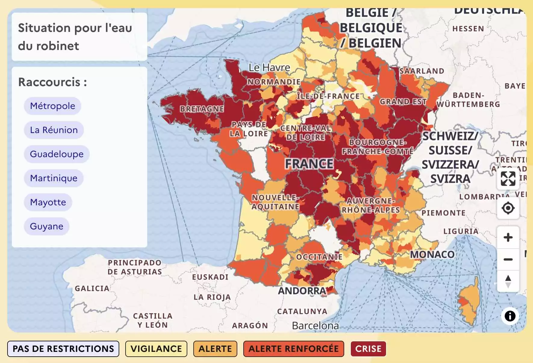 En date du 17 août, 74 départements sont concernés par des niveaux d’alerte « crise » sécheresse, le grade le plus élevé (Source : Vigie.Eau)