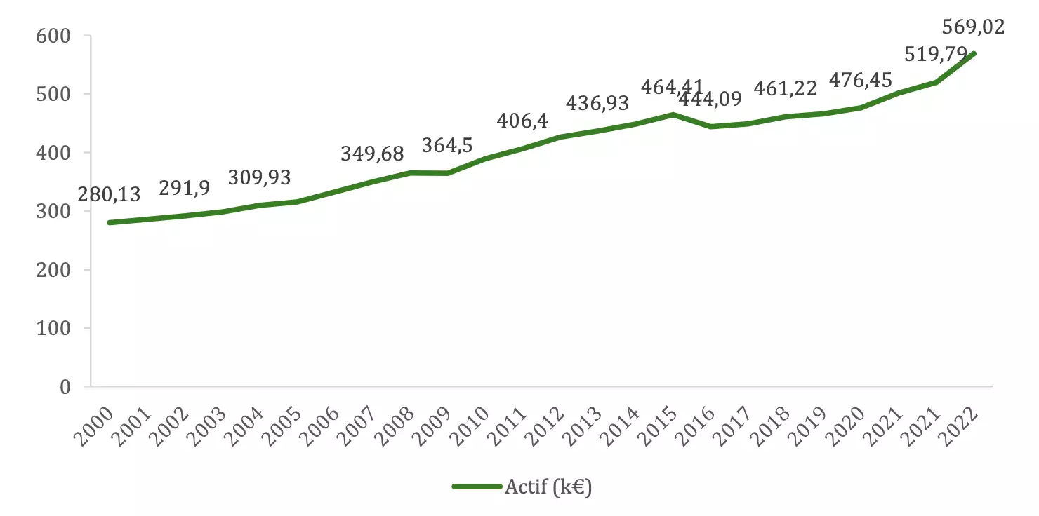 Evolution de l’actif moyen d’une exploitation agricole entre 2000 et 2022, en milliers d’euros (Source : CGAAER – IGF)
