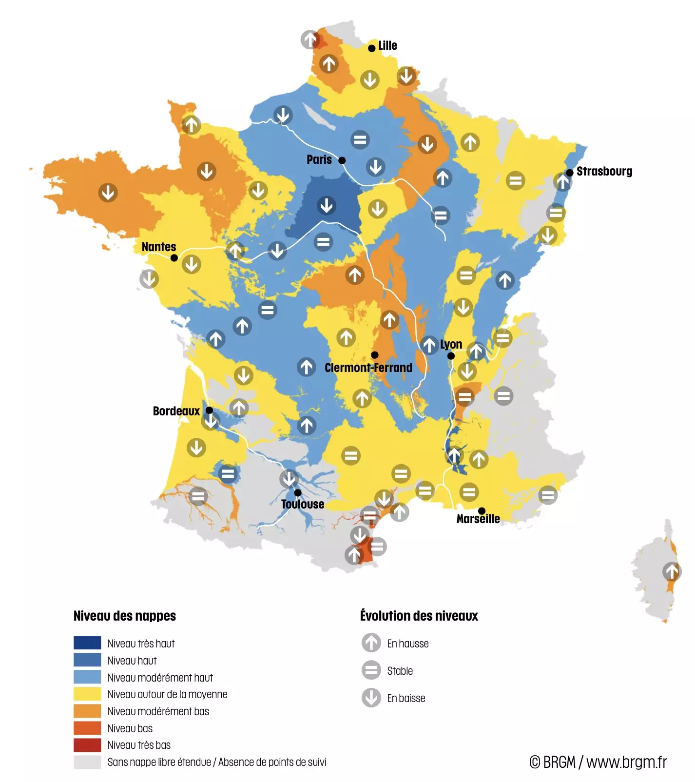 Niveau des nappes et tendances évolutives en date du 1er novembre 2025 (Source : BRGM)