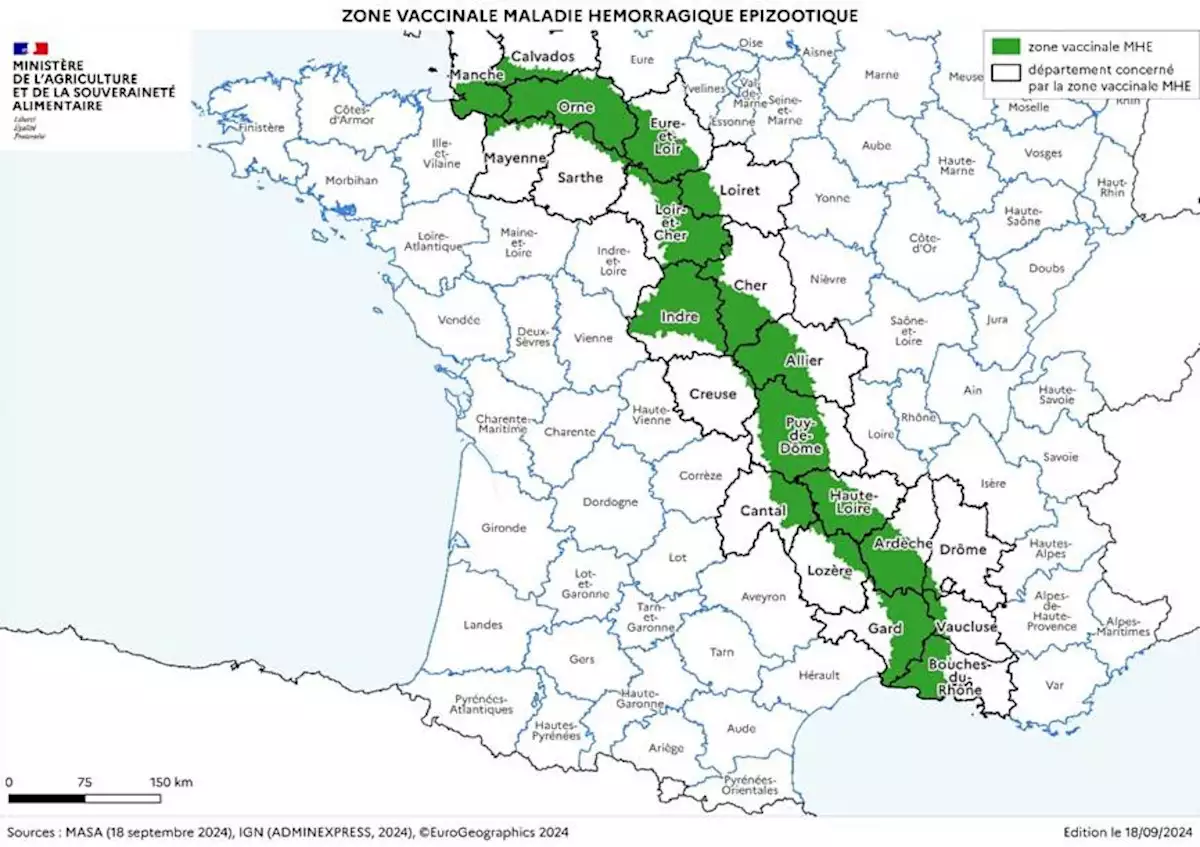 Zone vaccinale de la Maladie épizootique hémorragique (Source : ministère de l’Agriculture)