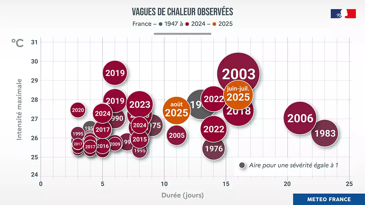 Vagues de chaleur observées depuis 1947 en France hexagonale (Source : Météo-France)