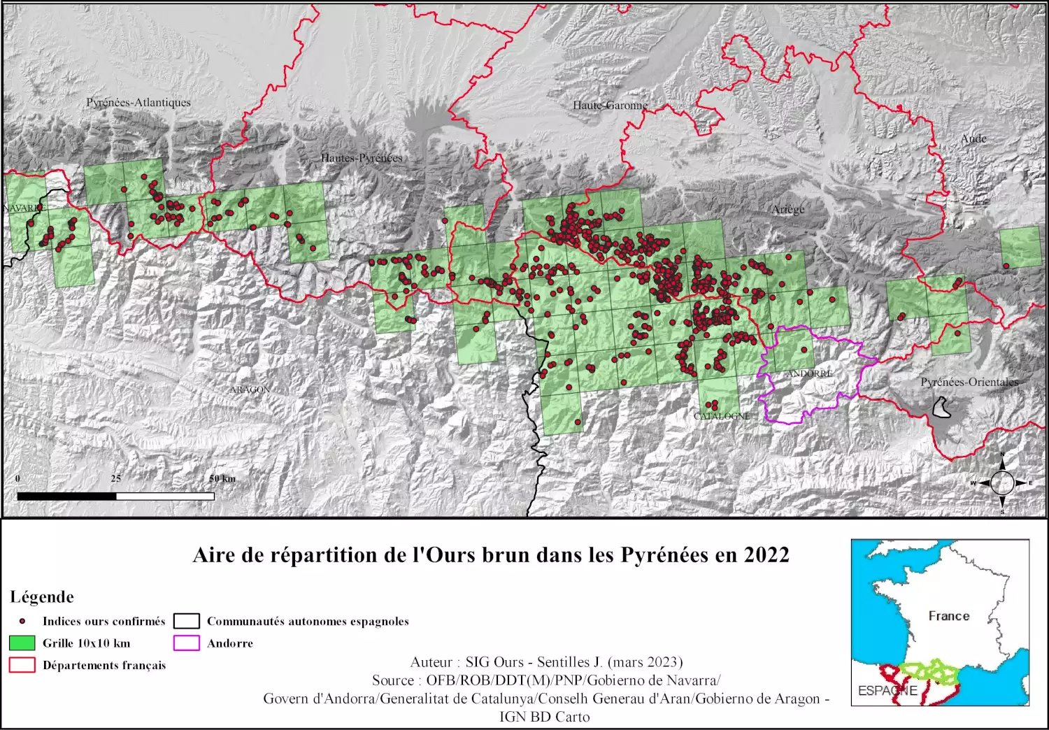 Répartition de l’ours brun dans les Pyrénées en 2021 (Source : Office français de la biodiversité)