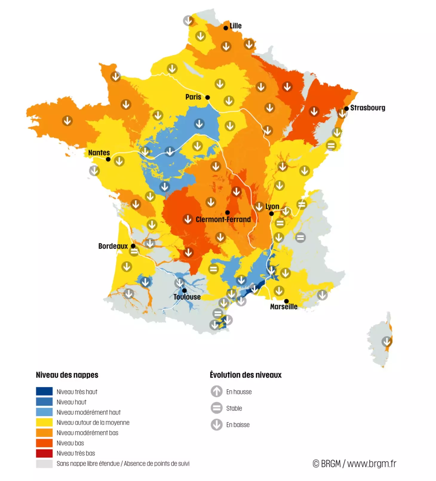 Niveau des nappes et tendances évolutives en date du 13 juin 2026 (Source : BRGM)