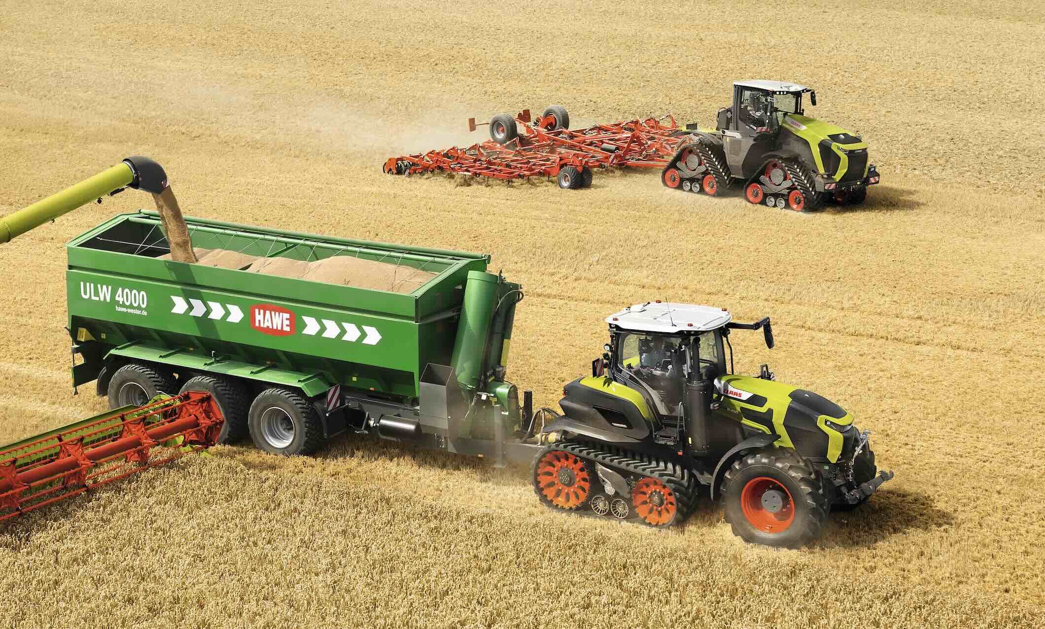 Les Axion 9 CMatic (330 ch à 450 ch) et les Xerion 12 (590 ch ou 653 ch à chenilles ou à roues jumelées) pourraient bientôt rouler dans les traces des tracteurs des tracteurs AgBot © Claas