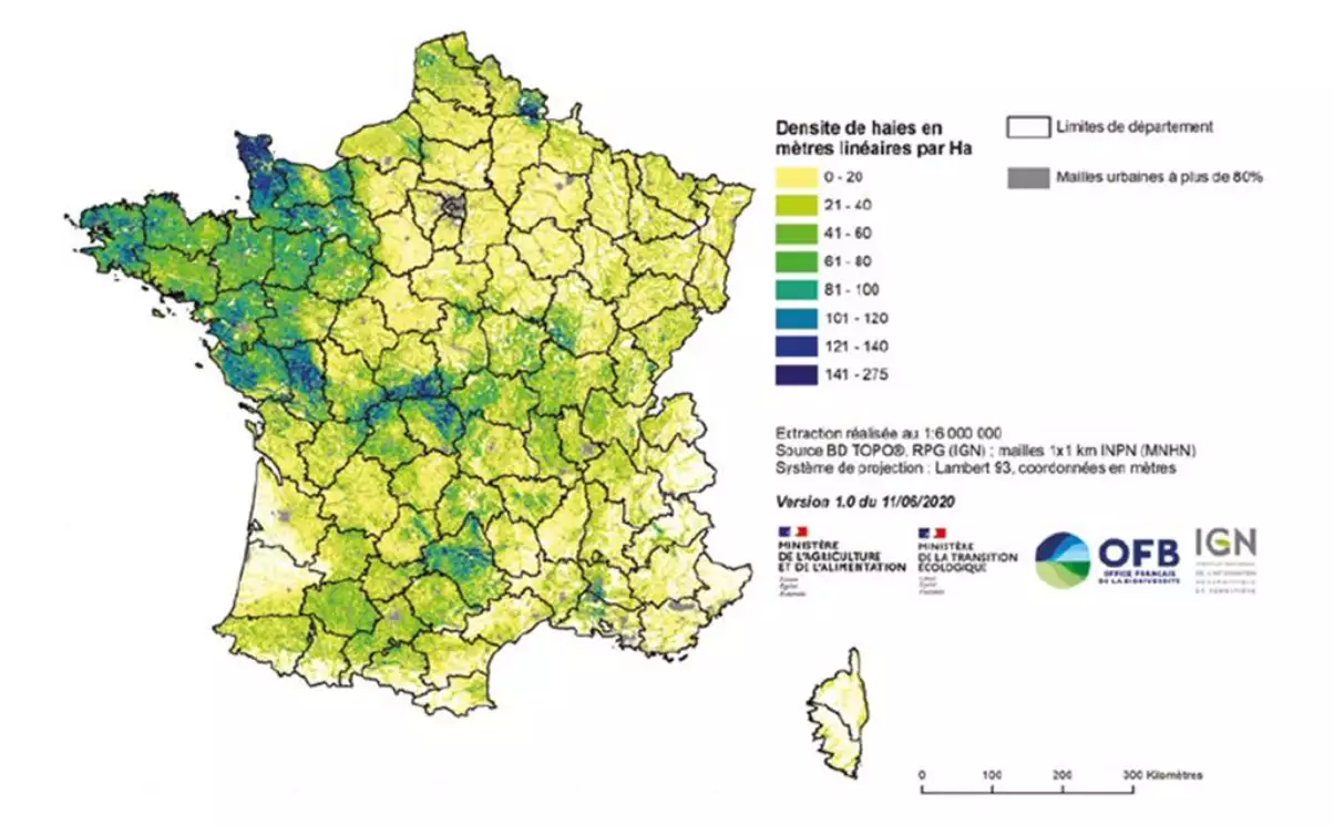 Densité de haies par hectare selon le dispositif de suivi des bocages (Source : CGAAER)