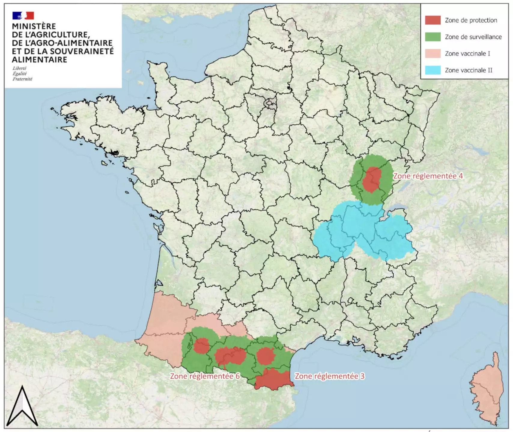 Les zones réglementées et vaccinales en en date du 16 décembre 2025 (Source : ministère de l’Agriculture)