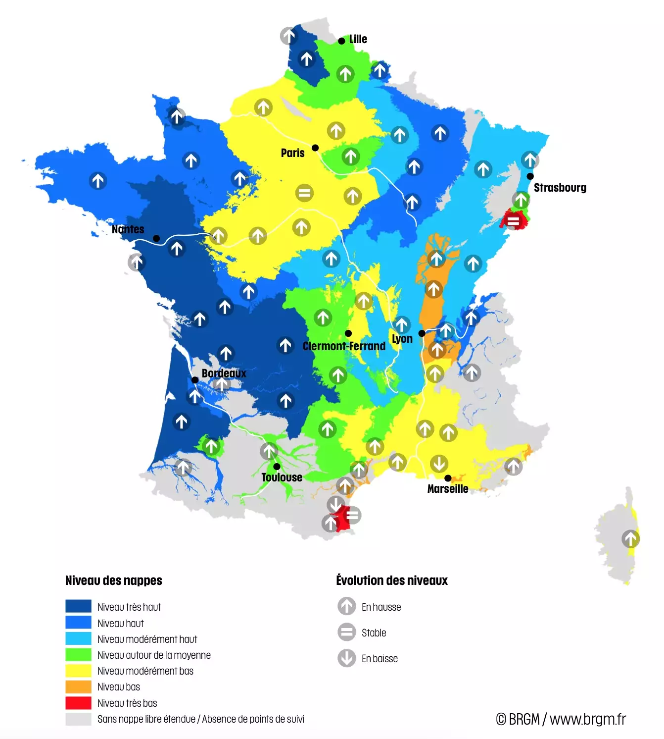 Niveau des nappes et tendances évolutives au 1er décembre 2023 (Source : BRGM)