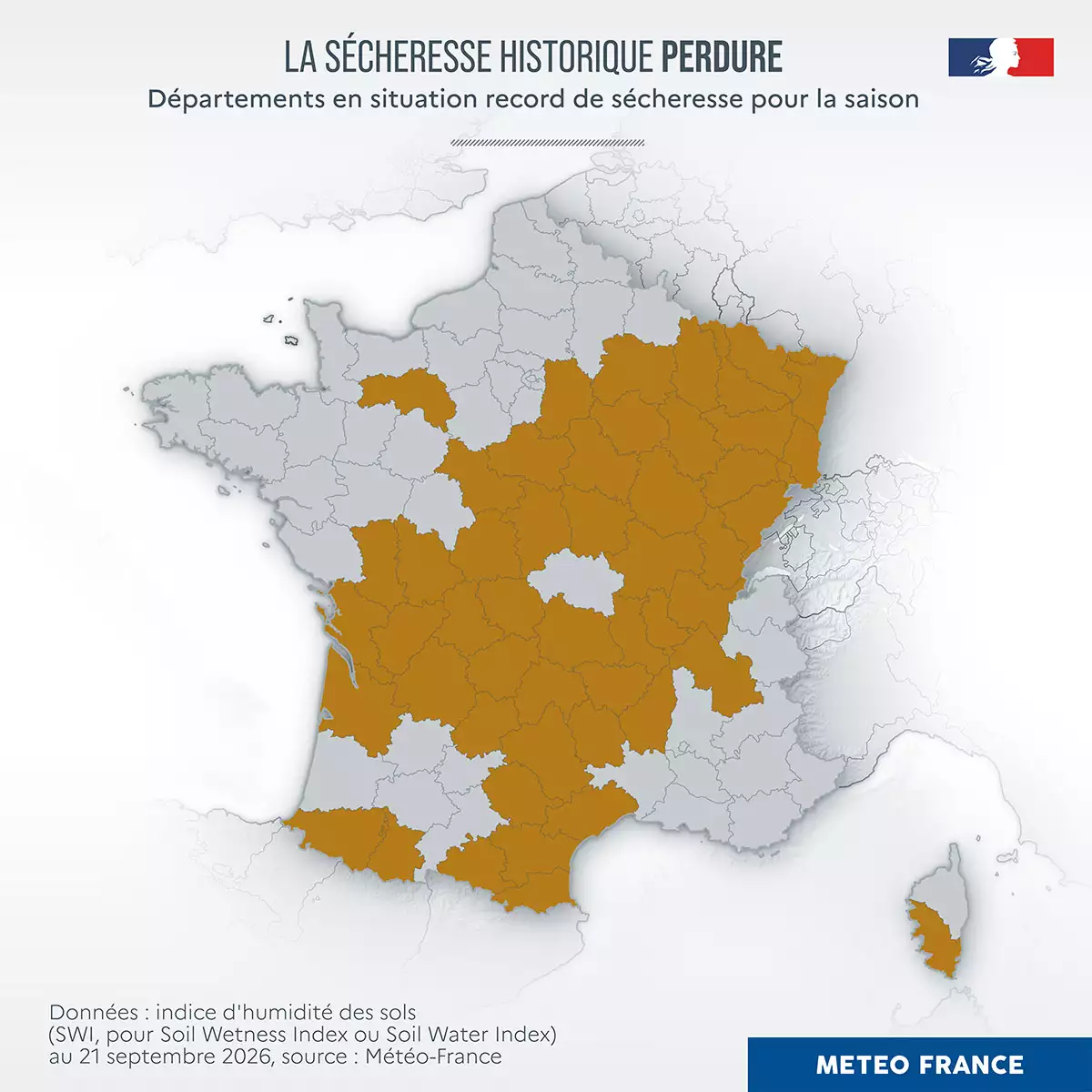 Départements en situation de sécheresse record en date du 20 septembre 2026 (Source : Météo-France)