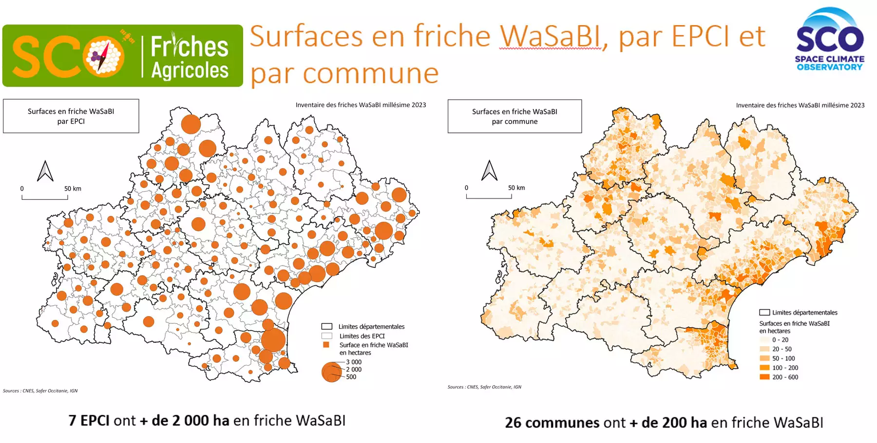 Surfaces en friche par Etablissement public de coopération intercommunale (EPCI) et par commune (Source : FNSAfer, CNES, Safer Occitanie)