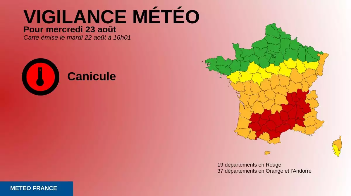 Carte de vigilance météorologique établie par Météo-France le mardi 22 août à 16h01 (Source : Météo-France)