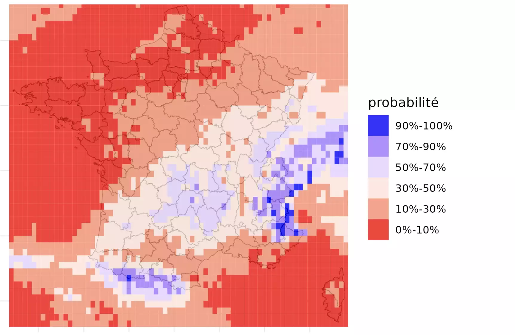 Probabilité d’avoir une pluviométrie supérieure à 30 mm d’ici au 24 août (Source : AléaPluie)